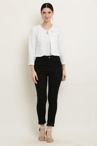 Image of Women's White Cropped Blazer with Bow Detail, Open Front, 3 /4 Sleeves, Textured Fabric