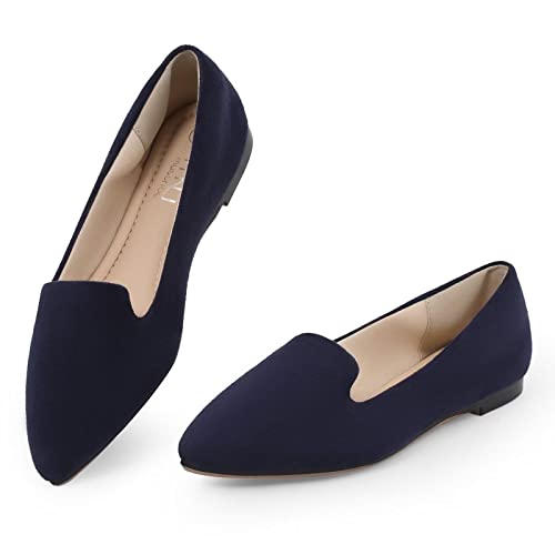 Image of MUSSHOE Black Flats for Women Pointed Toe-Comfortable Business Casual Work Shoes, Dressy Suede Slip On with Memory Foam for Office, Teacher & Standing All Day