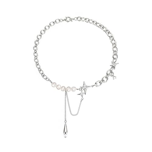 Fashion spliced ​​clavicle chain breeding irregular star pearl necklace women's jewelry silver metal choker personality chunky necklace teardrop shape tassel clavicle chain