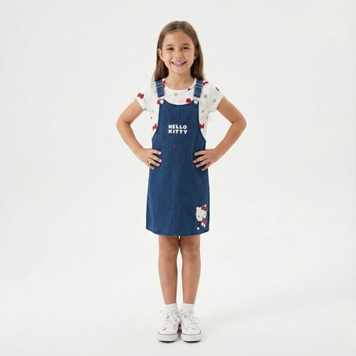 Image of Hello Kitty Sanrio Girls Adjustable Jumper Denim Dress with Shirt Set for Toddler and Big Kids