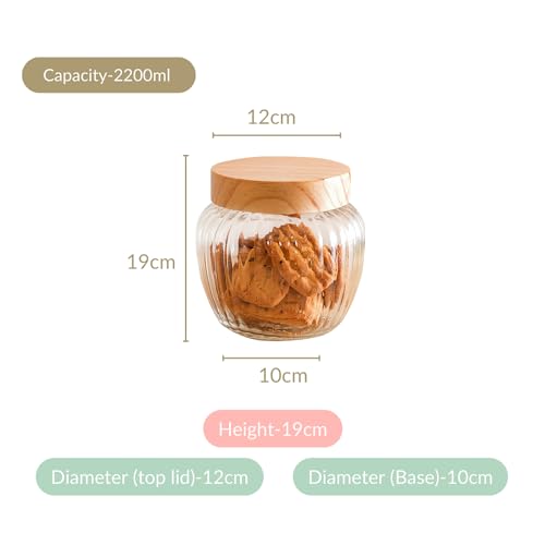 Image of Nestasia Glass Containers for Kitchen Storage Set of 2-2200ml, Airtight Transparent Glass Jar 2+ litre with Wooden Lid for Kitchen Pantry, Spice, Masala, Pickles, Pulses, Dry Fruits, Snacks Storage