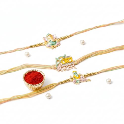 Image of Rakhi Set with Ganesha and Krishna Designs, Multicolor Enamel with Pearls, Traditional Indian Festival Thread, 3 Pack | Premium Kalash Raki for Bhaiya, Traditional Rakshabandhan, Best Wishes Card and Tillak Set, Thread (53)