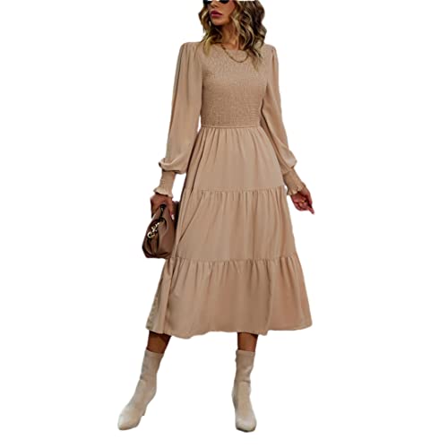 Robe midi décontractée vintage kaki taille XL avec manches lanternes et col rond