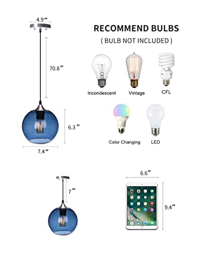 Ariamotion Pendant Lights Kitchen Island Hand Blown Glass Modern Light Fixtures Ceiling Hanging Blue Globe Seeded Bubbles Brushed Nickel 7.4 Inch Diam #TOP5