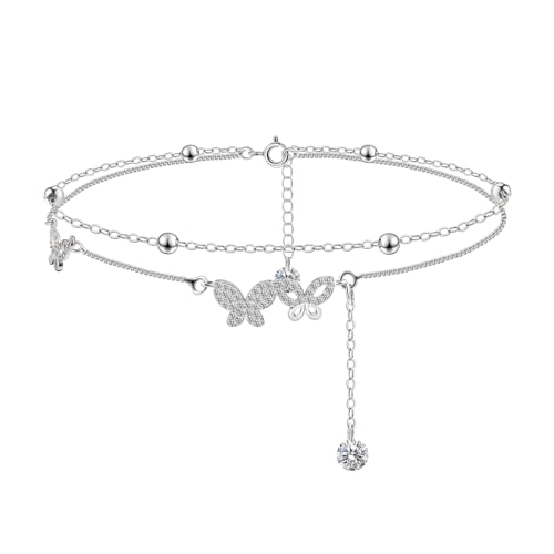 Image of Silver Ankle Bracelets for Women, Butterfly /Stars Cute Charm Anklet, 14K Gold Plated Layered Chain Anklets for Women Teen Girls