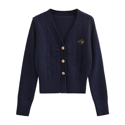 Cárdigan de Punto con Cuello en V y Top Tipo Chaqueta con Rayas retorcidas-Azul Marino-M