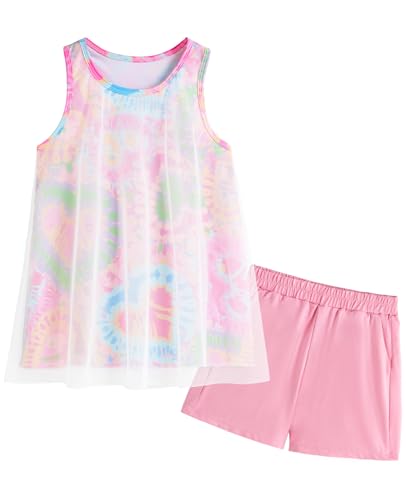 Image of Gogokids Girls 2 Piece Activewear Set, Tulle Sleeveless Tank Tops and Athletic Shorts