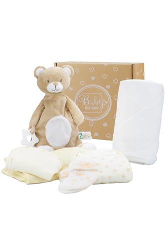 Baby Box Shop - 6 itens essenciais para bebé recém-nascido unissexo, presente ideal para chá de bebé, inclui edredão para bebé, toalha com capuz cor creme, musselina, body, babete e meias