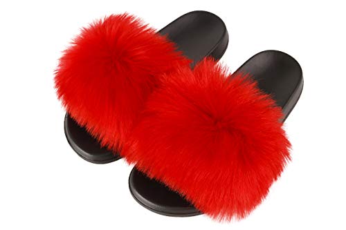 Image of Hangrui Women's Faux Fur Slides, Open Toe Cute Fluffy Slippers, Comfortable Furry Sandals