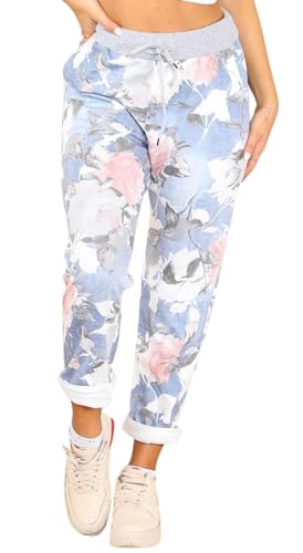 Women’s Rose Flower Print Jogger Sweatpants Ribbed Waistband Trousers Ladies Causal Summer Joggers Drawstring Italian Gym Running Pants Sky 8-10