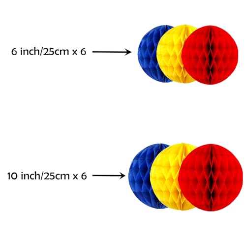 Image of ZOOYOO 12Pcs 6 inch 10 inch Honeycomb Balls Decorations Hanging Tissue Paper Pom Poms for Kids Birthday,Party Decorations(Blue Red Yellow)