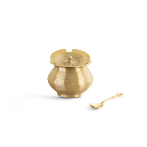 Image of ExclusiveLane 'Gleeming Ghee' Brass Ghee Pot With Spoon (100% Pure Brass, Hand-Etched, 380 ml) | Ghee Storage Jars for Kitchen Gheee Pot with Lid Gheee Dabba Dani