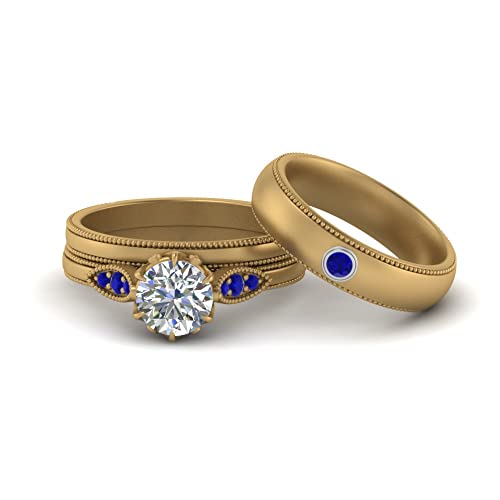 Image of Choose Your Gemstone Milgrain Matching Wedding Set for Couples Yellow Gold Plated Round Shape Wedding Ring Sets Matching Jewelry Wedding Jewelry Easy to Wear Gifts US Size 4 to 12