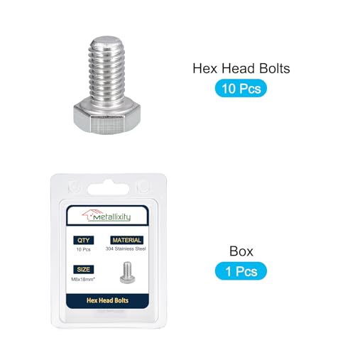 Image of METALLIXITY Hex Bolts (M8-1.25x18mm) 10Pcs, 304 Stainless Steel Coarse Fully Threaded Hex Head Screw Bolt Machine Screws - for Furniture Repair, Silver
