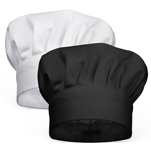 Abeillo Toque de Chef Unisexe 2 Pièces, Chapeau de Cuisinier Élastique Ajustable, Réglable pour Cuisine, Salle à Manger, Barre (Noir, Blanc)