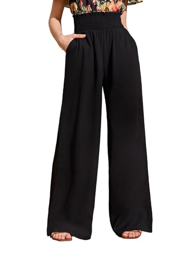 Image of Milumia Girl's Casual Smocked Paperbag High Waist Pocket Wide Leg Pants Black 10Y