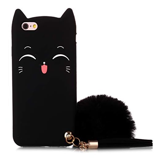 iPhone 6 Case, iPhone 6S Silicone Case, Fashion Cute 3D Black Meow Party Cat Kitty Kids Girls Lady Protective Cases with Pompom/Strap Soft Case Skin for Apple iPhone 6 and iPhone 6S