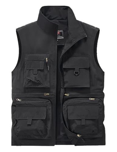 Sukany Men's Casual Outdoor Fishing Vest Jacket Safari Work Gilet Travel Cargo Photo Mesh Waistcoat with Multi Pockets Black S