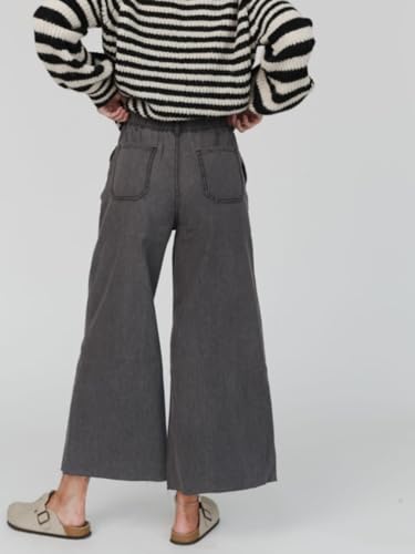 Womens Wide Leg Jeans Relaxed Frayed Bell Hems Boho Denim Pants Elastic High Waist Washed Trousers with Pockets3