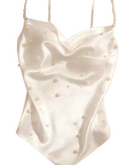 Women's White Satin Pearl Embellished Cowl Neck Camisole Top-image-5