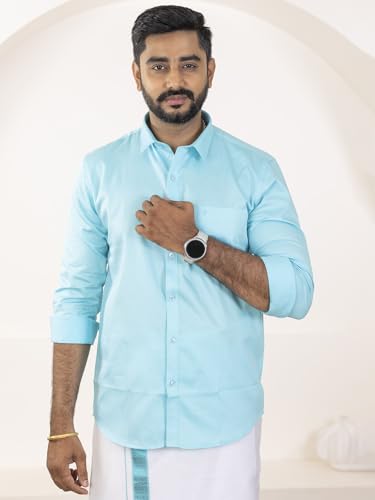 Image of RAMRAJ COTTON Men Premium Cotton Full Sleeves Shirt and Fancy Border Dhoti Set Luxe Set
