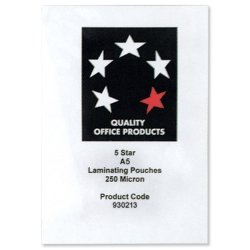 5 Star Laminating Pouches 250 micron for A5 Glossy Ref 5023 [Pack 100]