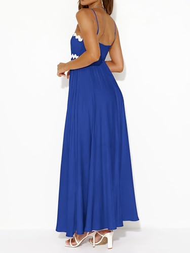 Image of PRETTYGARDEN Women Spaghetti Strap Boho Maxi Dresses Flowy | Sleeveless Smocked Long Dress, Striped Trim Flowy Dress Pockets, Elegant Square Neck Beach Sundress, Casual Summer Outfits
