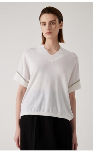 V-Neck Linen Blend Short Sleeve Sweater, Metallic Trim Detail, Relaxed Fit, BY4511177 (US, Alpha, Large, Regular, Regular, White)2