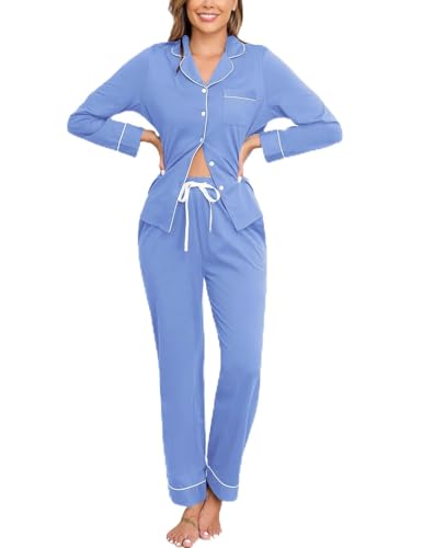 Image of Veseacky 100% Cotton Women's Pajama Set Long Sleeve Button Down Sleepwear Soft Pjs Lounge Sets Nightwear Pjs XS-XXL