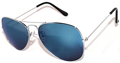 OWL Classic Aviator Sunglasses Metal Frame Silver Full Reflective Blue Mirror Lens UV400