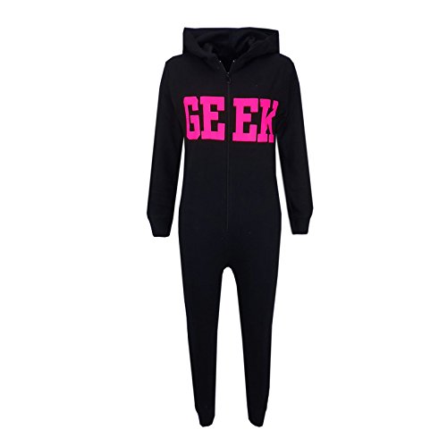 Mono con capucha de algodón para niños con impresión geek negro y rosa neón de 5 a 13 años