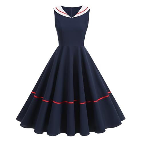 Odizli Rockabilly Kleider Damen 50er Jahre Vintage Elegant Sommer Ärmellos Sailor Kragen Knielang Petticoat Swing A-Linien Coctailkleid Festlich...