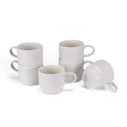 EYMPEU Set de 6 Tazas de Porcelana Blanca Nueva de 300 ml, Diseño Texturizado Elegante y Diferente, Tazas de Café o Té con Asa Cómoda, Apta para Hogar, Oficina o Regalo