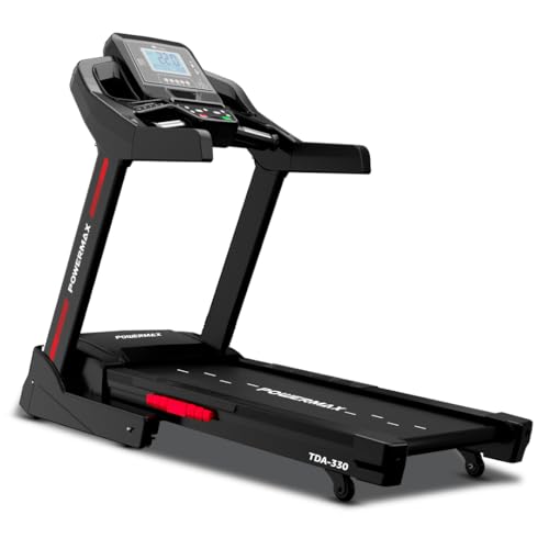 Image of PowerMax Fitness TDA-330 6HP DC Motorized Electric Auto Incline Treadmill for Home use | Inbuilt Cooling Fan, Max User 140kg, Top Speed 22kmph, 1330 x 480mm Running Deck, LCD disp., iPad Holder