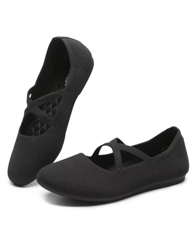 Women's Flats Shoes Mary Jane Ballet Flatss Round Toe Knit Comfortable Casual Ballerina Dressy Office Walking Shoes with Cross Straps