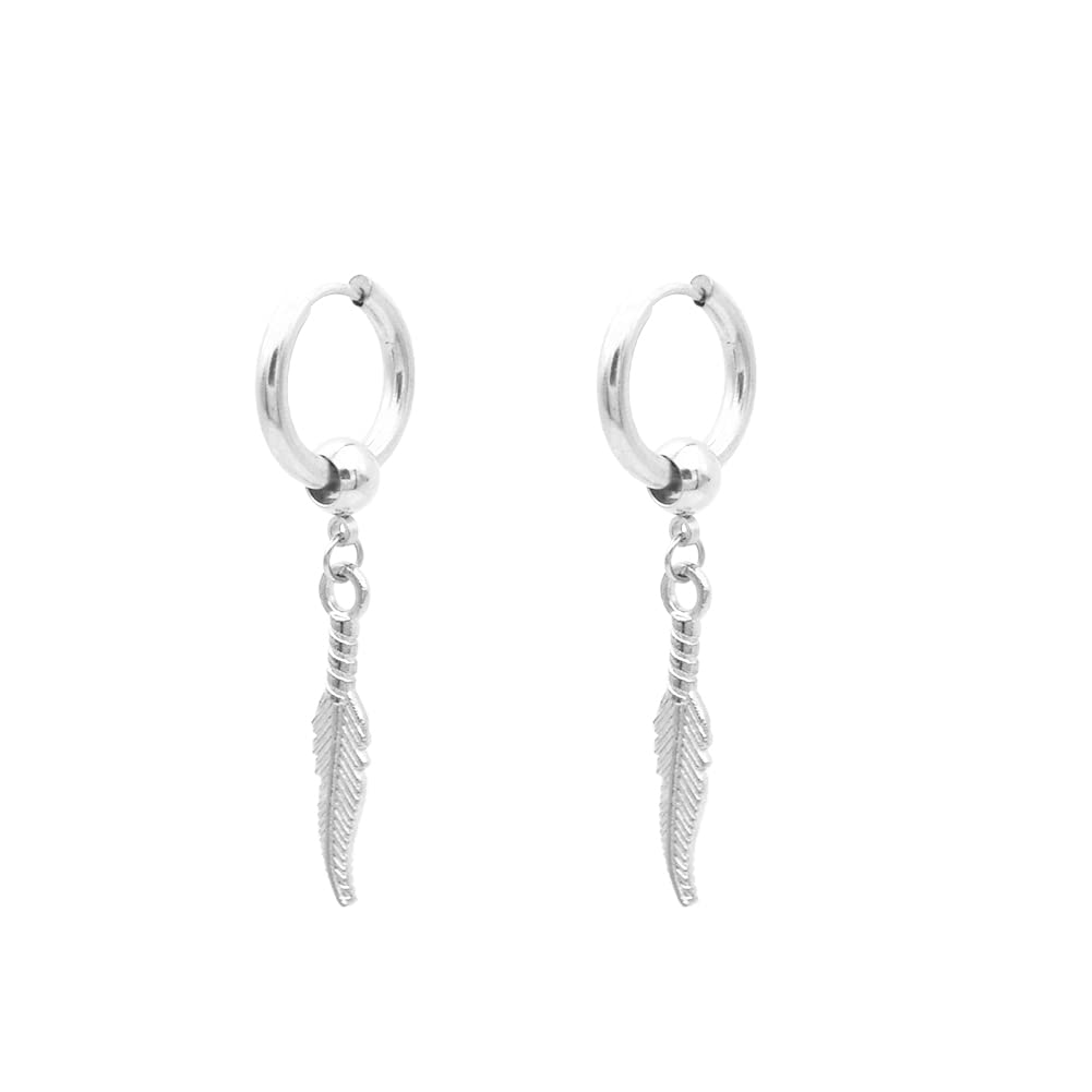 JSEAUnisex Stainless Steel Hoops Earrings Womens Mens Feather Dangle Drop Earrings Personalized