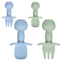 Vicloon Babylöffel, 4 Stück Baby Fütterlöffel aus Extra Weich Silikon, BPA Frei Baby Gabel und Löffel Set, Babybesteck für Baby, Kleinkind, Kinder - Grün+Blau