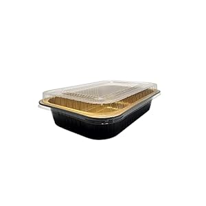 KitchenDance Disposable Aluminum Colored Baking Entree Nonstick Foil Pan Set with Lid – 8 x 5″ Heavy Rectangular Aluminum Cake Pans Perfect for Cakes and Casseroles, A67P (500 Pack, Black and Gold)
