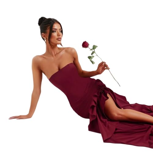 Image of Women's Sexy Strapless Backless High Split Long Maxi Dress Ruched Off Shoulder Sleeveless Bodycon Party Cocktail Dresses