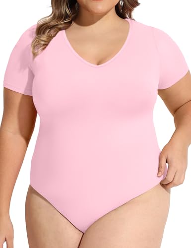 Image of COOTRY Plus Size Short Sleeve Bodysuits for Women V Neck Body Suit Tops Basic One Piece Bodysuit T Shirt