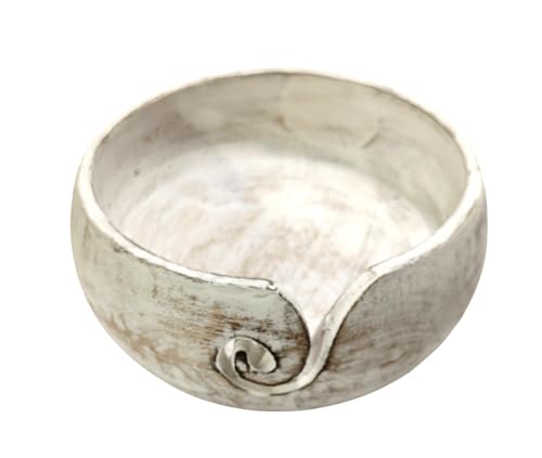 Image of Handmade Acacia Wood Yarn Bowl - Large Knitting & Crochet Holder for Tangle-Free Crafting - 6.5 inch x 3 inch (Antique White) - Gift for Knitters & Crocheters
