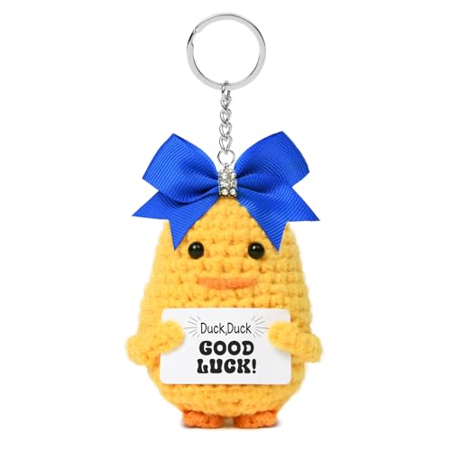 DEEKA Crochet Cheer Duck with Bow Graduation Gifts Bag Accessories Essentials Keychain for Backpack Support Good Luck Duck Cheerleading Cheerleader Team Gifts (Royal Blue Bow)