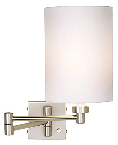 Image of Possini Euro Design Modern Swing Arm Adjustable Wall Lamp Brushed Nickel Plug-in Light Fixture Dimmable White Cotton Cylinder Shade for Bedroom Bedside House Reading Living Room Home Hallway Dining