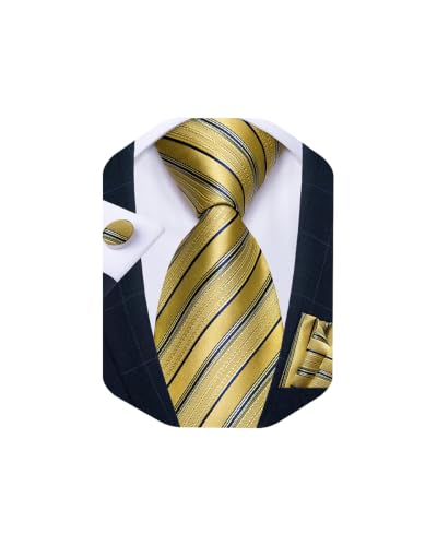 Image of DiBanGu Striped Tie Set for Men Silk Woven Plaid Necktie and Pocket Square Cufflinks Business Wedding