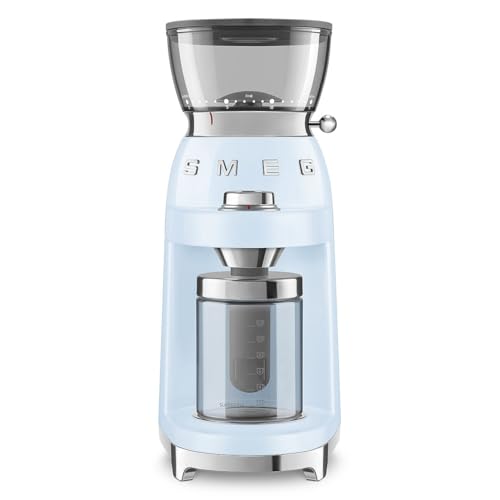 Image of SMEG CGF03 Burr Coffee Grinder, Electric Conical Burr Grinder with 15 Grind Settings, 8 Presets, 240g Bean Hopper, Espresso, Moka & Drip Coffee Grinder, 50's Retro Style (Pastel Blue)