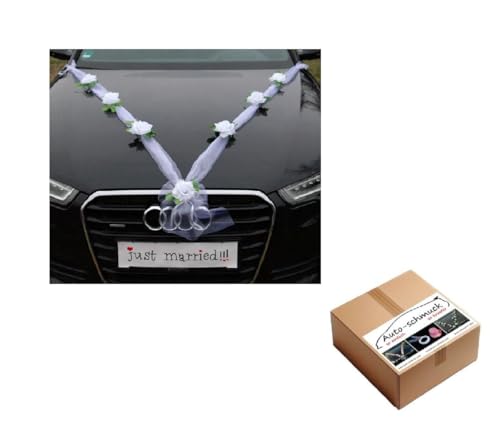 Organza M Auto Schmuck Braut Paar Rose Deko Dekoration Hochzeit Car Auto Wedding Deko Girlande PKW (Reinweiß/Weiß)