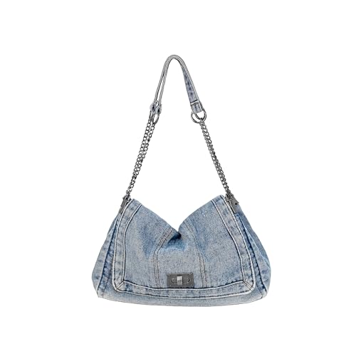 Eiyye Vintage Denim Shoulder Bag with Adjustable Chain Strap & Turn-Lock Flap Women’s Jean Hobo Purse Crossbody Bag