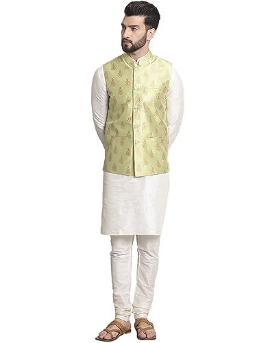 Sojanya (Since 1958 Men's Silk Blend Cream Kurta Pyjama With Green Self Design Nehrujacket