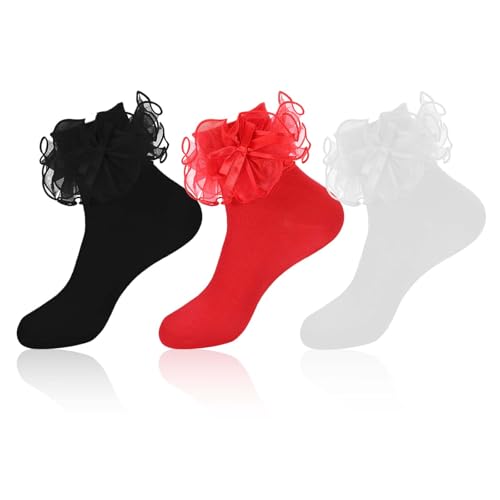 3 Pairs Big ruffle socks for women,Double Lace Ruffle Socks with Bows,women’s ankle sock,Size 9-11, White Black Red - Main Image