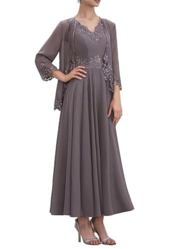 Beaded 2 Piece Tea Length Mother of The Bride Dresses for Wedding with Jacket 3/4 Sleeve Lace Formal Evening Gown2